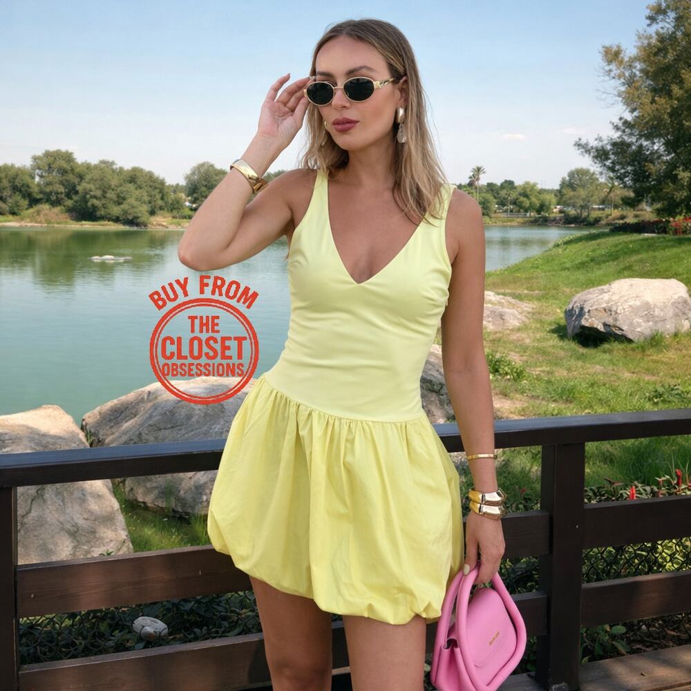 Zara Lemon Yellow V-Neck Bubble Hem Mini Dress